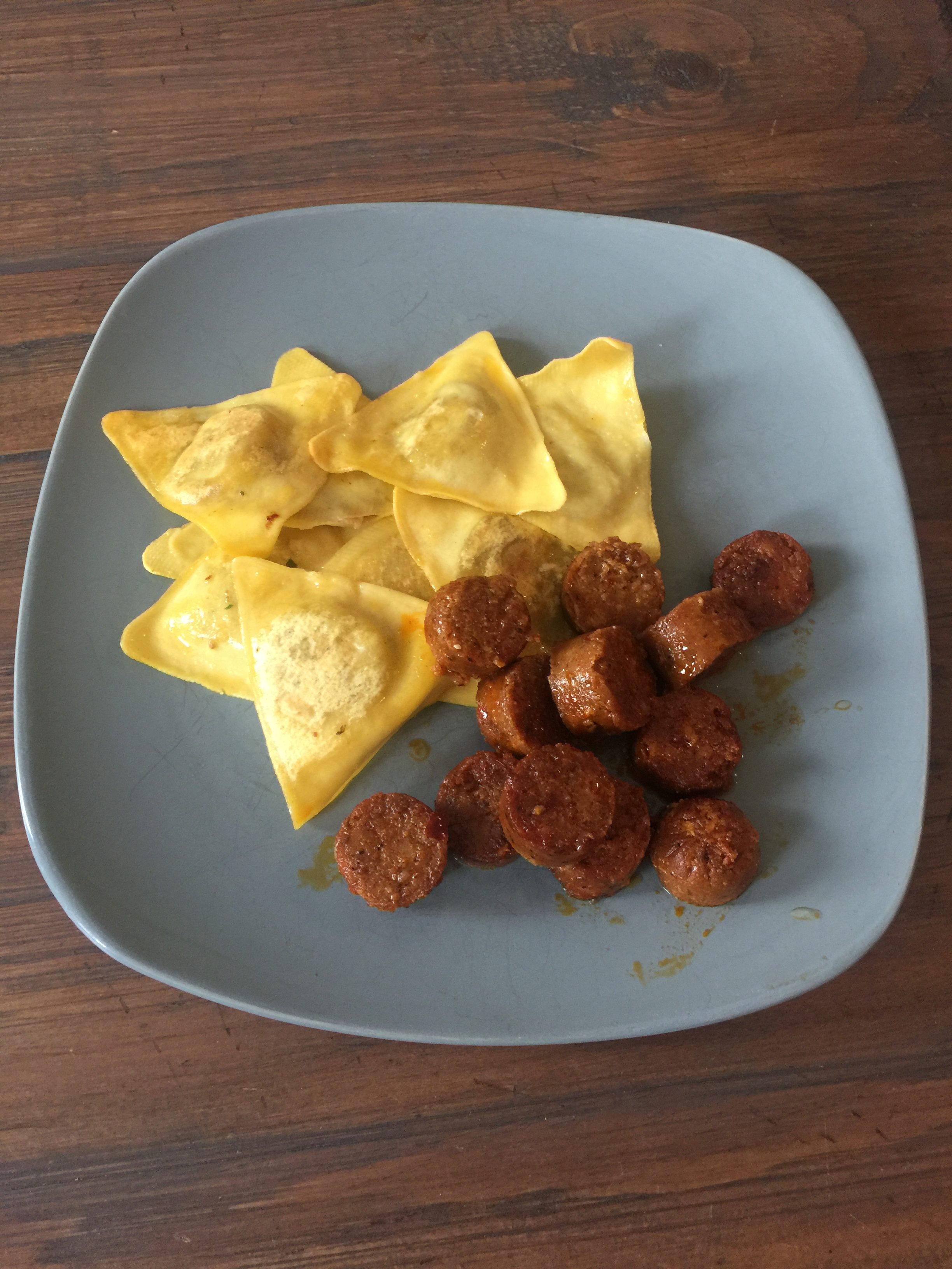 Spicy Chipotle Grain Sausage with Lemon, Sautéed Porcini Mushroom and Truffle Triangoli